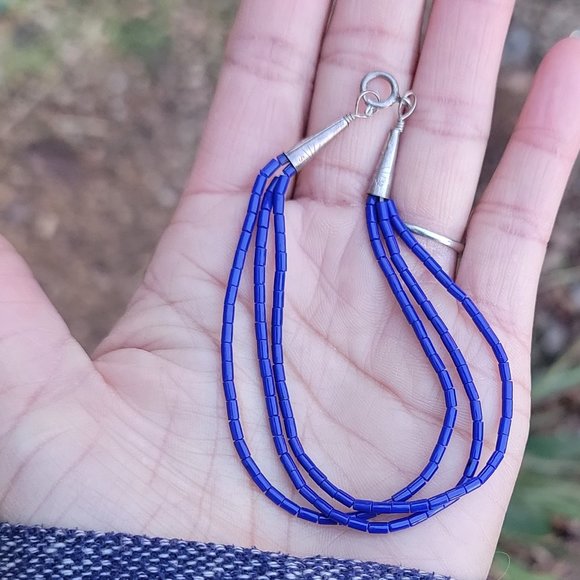 Native American handmade hand strung stabilized lapis lazuli three strand sterli - Picture 13 of 16